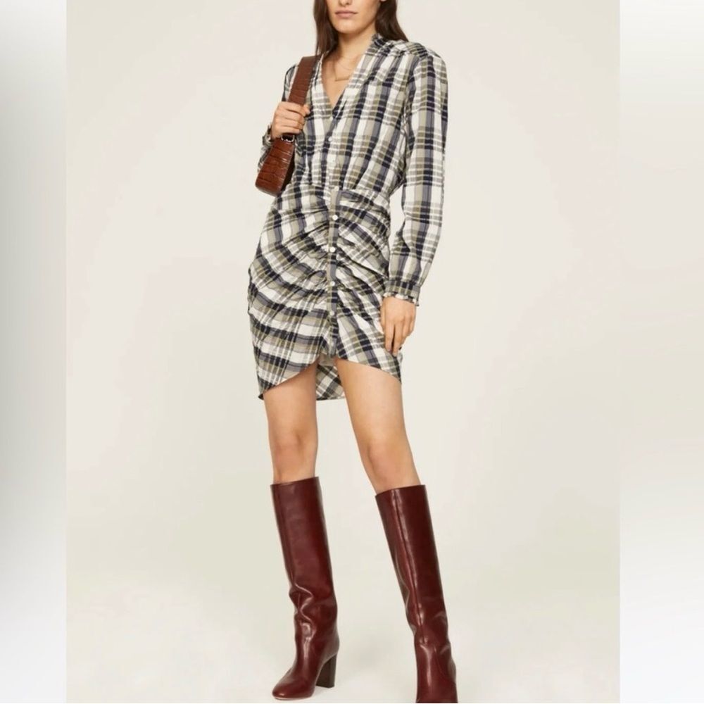 Veronica Beard Vilette Plaid Ruched Shirt black white gray Size 0